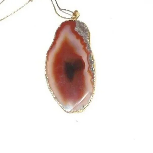 Vintage natural cut brown agate 2.5 X 1.25 stone with gold tone setting 24" long - Picture 2 of 2